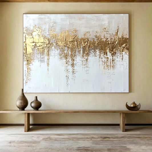 “Gold - Textured White Abstract” - White, Gold, Textured Abstract Layers Painting On Canvas HB0884
