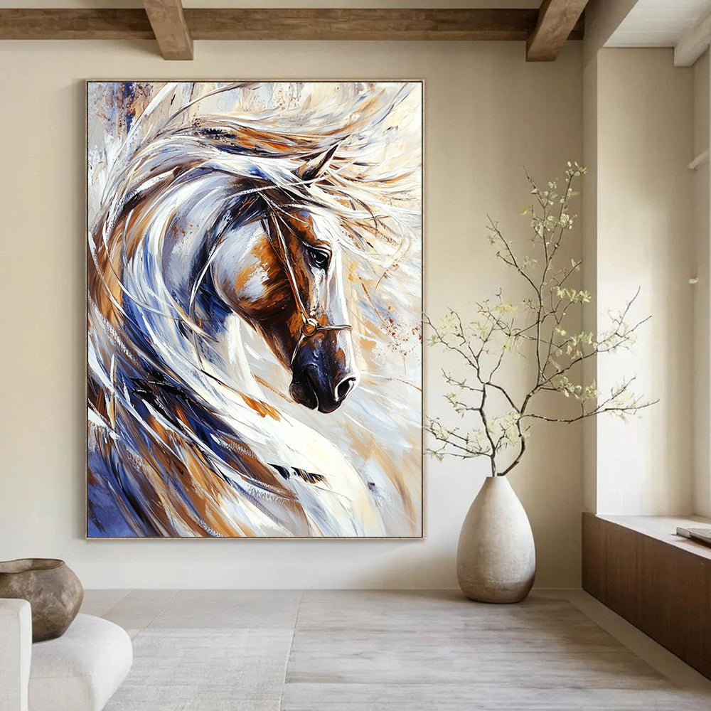 Contemporary abstract painting featuring a majestic white horse with flowing mane and dynamic brush strokes on a pristine background. DLZ1531