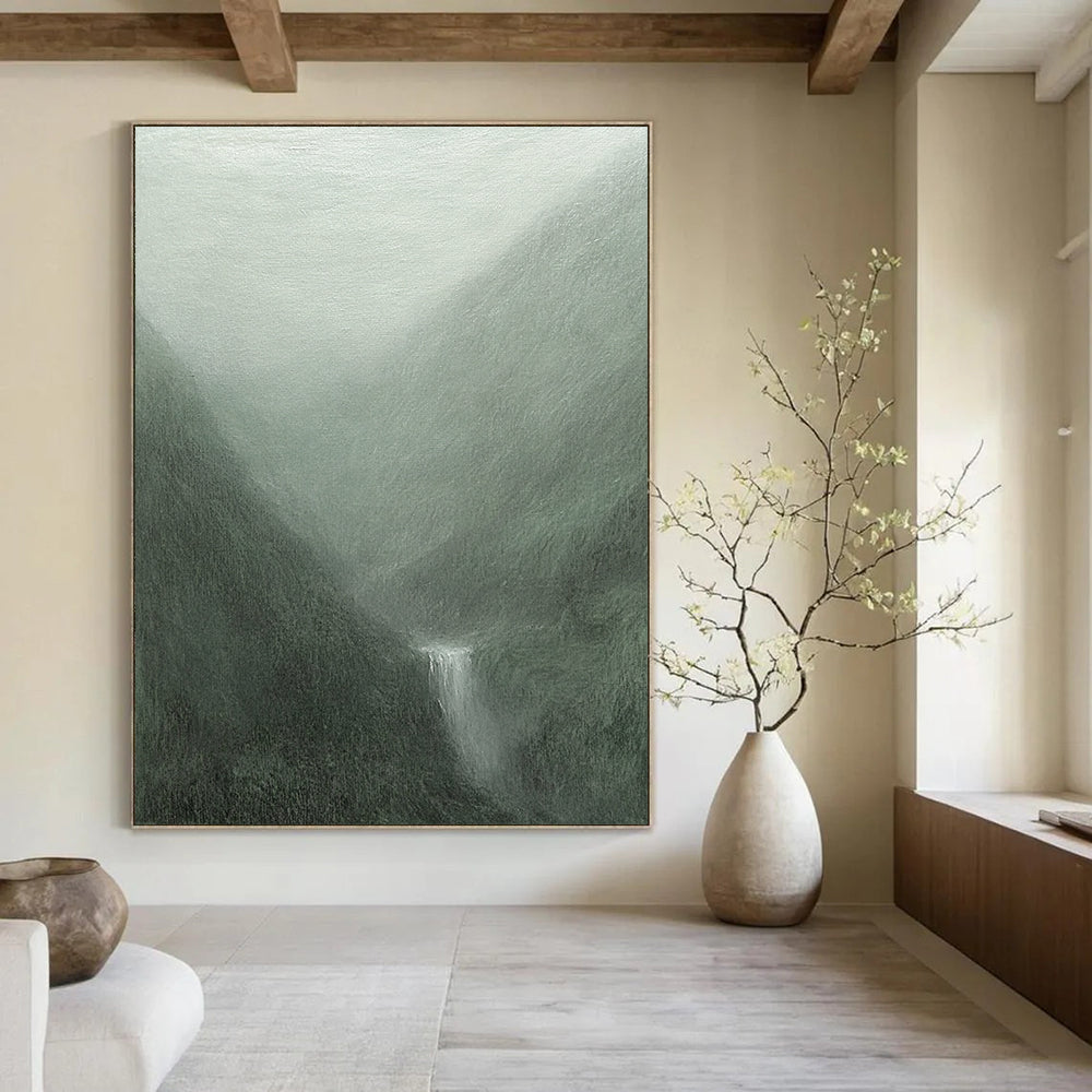 Contemporary abstract painting featuring misty mountains in gray-green hues with soft brushstrokes and a mystical waterfall flowing into a serene pool. DLZ1366