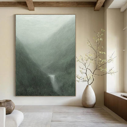 Contemporary abstract painting featuring misty mountains in gray-green hues with soft brushstrokes and a mystical waterfall flowing into a serene pool. DLZ1366