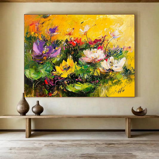 “Vibrant Colorful Lotus Pond” - Vivid Palette, Expressive Lotus Flowers Painting On Canvas HB0877