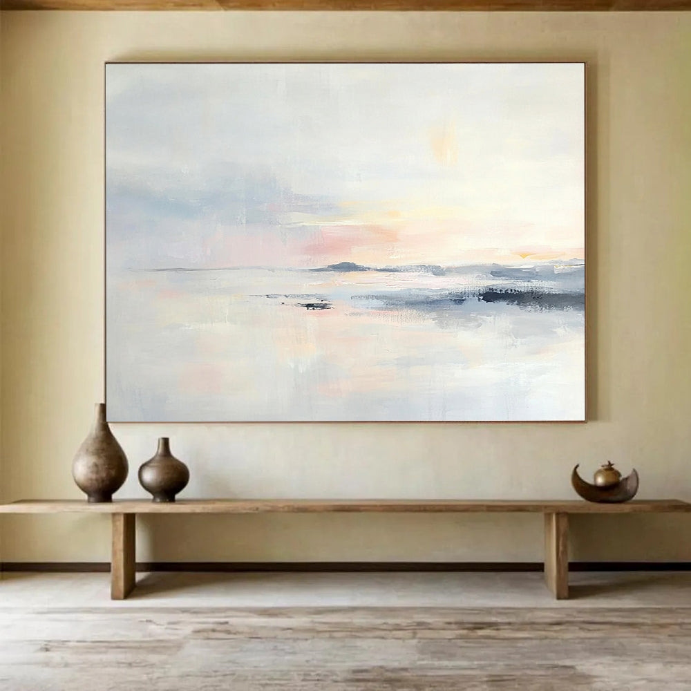 “Pastel Sunset Lake” - Pink, Blue, White, Dreamy Sunset and Reflective Water Painting On Canvas HB0923