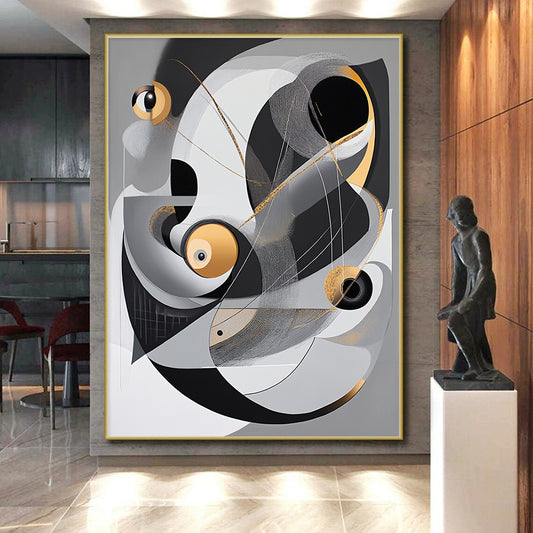 Gray, Black, White, Gold and Silver Abstract Composition "Cosmic Dance" Painting On Canvas HB358