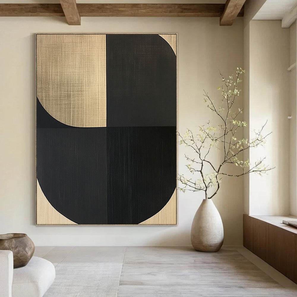 Contemporary abstract painting featuring bold shapes and simple lines on wood grain background, creating an elegant atmosphere of calm and tranquility. DLZ1535