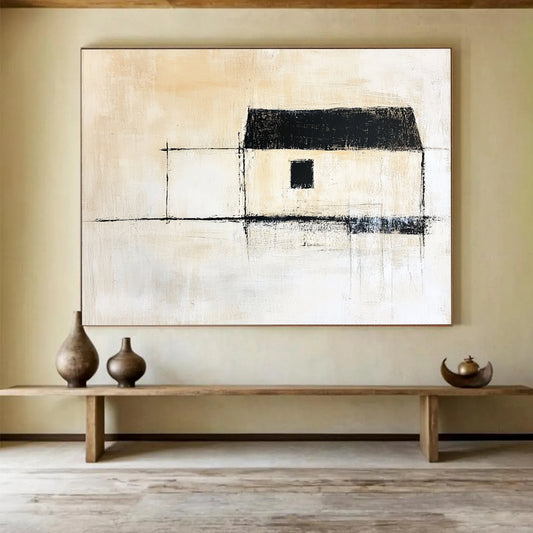 Minimalist Black - and - White House Silhouette – Abstract Acrylic Architectural Painting HB1468