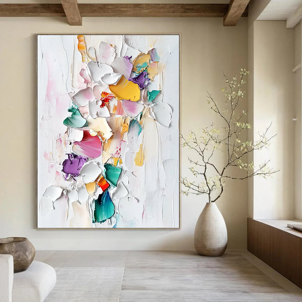 Contemporary abstract painting featuring colorful porcelain pieces and thick brush strokes on a textured white background in a pastel palette. DLZ0834