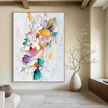 Contemporary abstract painting featuring colorful porcelain pieces and thick brush strokes on a textured white background in a pastel palette. DLZ0834