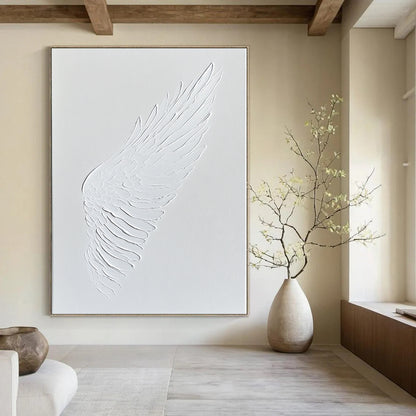 Contemporary abstract art featuring a white wing embossed in acrylic paint on a pristine canvas, showcasing minimalistic elegance and sophistication. DLZ1756