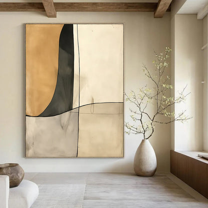 Contemporary hand-painted abstract art featuring deconstructed minimalism in cream and gray tones with negative space and fluid shapes. DLZ1391