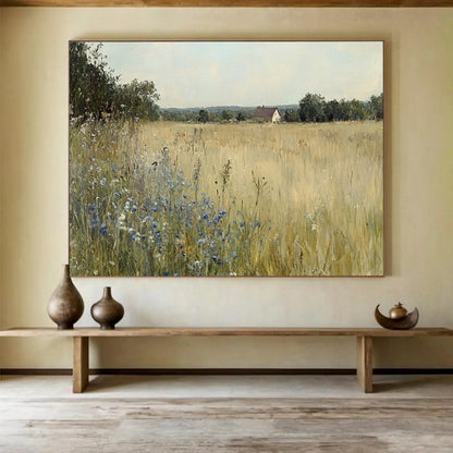 “Rustic Field with Cottage” - Serene field of gold with blue flowers and a distant cottage, Realist Landscape Painting On Canvas HB0544
