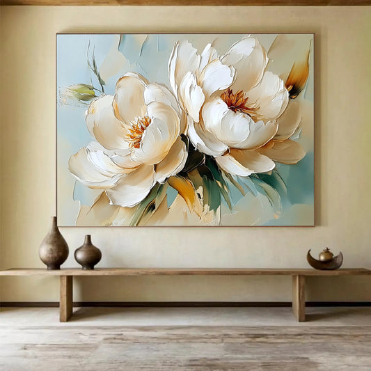 “Cream - colored Peonies on Light Blue” - Cream, Light Blue, White, Cream - colored peonies on light blue - Impasto Oil Painting HB1789