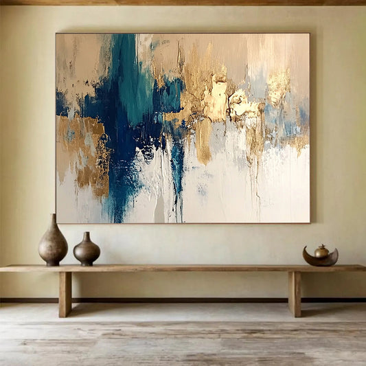 “Blue and Gold Abstract” - Beige, White, Blue, Gold, Elegant Abstract Painting On Canvas HB0964