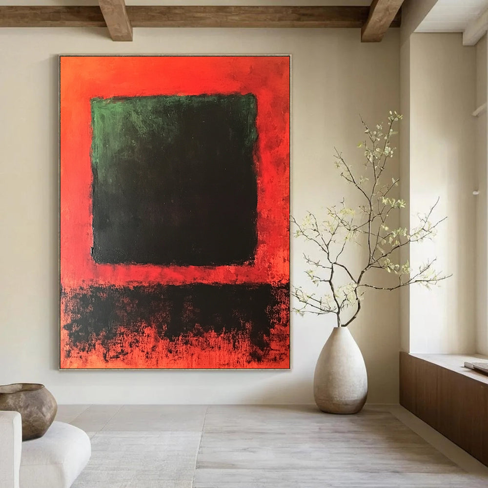 Contemporary hand-painted abstract artwork featuring a central dark green and black square against a blended vibrant red background. DLZ1449
