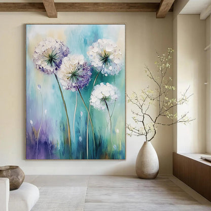 Contemporary abstract art featuring white alliums swaying in the wind with soft pale purple and teal hues in a gentle focus style. DLZ1730