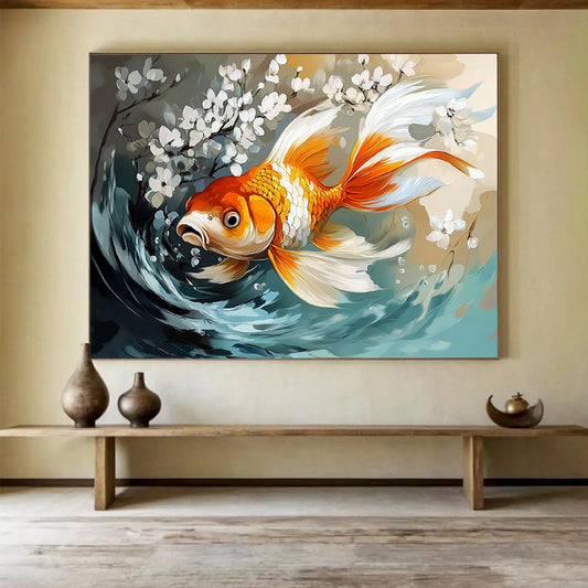 “Goldfish with White Blossoms” - Orange, White, Blue, Nature Scene with Fish - Digital Art HB1650