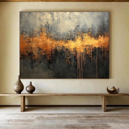 “Gothic Gold Drip” - Gray, black, gold; Dramatic gold drips on dark; Oil Painting On Canvas HB1211