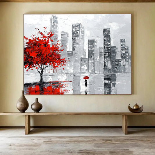 “Red Tree City Walk” - Red, Gray, Black, Urban Scene with Figure - Impasto Acrylic Painting HB1673