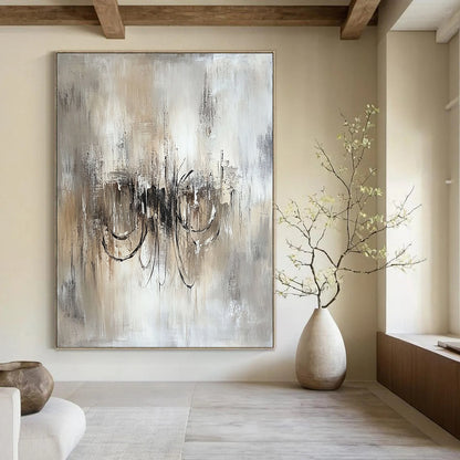 Contemporary hand-painted abstract art featuring an ethereal chandelier in soothing beige and grey tones on textured white canvas. DLZ0456