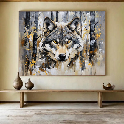 “Wolf in Forest” - Gray, brown, yellow, Realistic Animal Painting HB0636