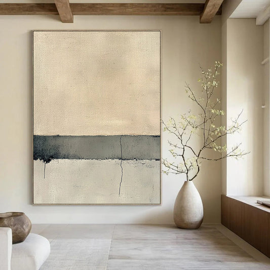 Contemporary hand-painted abstract art featuring the serene intersection of concrete and sand in neutral tones and subtle textural variations. DLZ1357