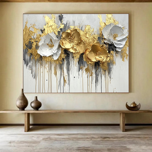 “Gold - White Floral Abstract” - Gold, White, Gray, Textured Flowers - Painting On Canvas HB1414
