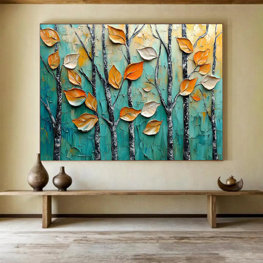“Autumn Trees in Relief” - Teal, Orange, Textured Leaves & Trees Painting On Canvas HB0729