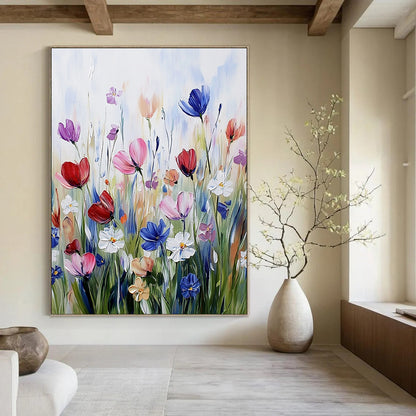Contemporary hand-painted abstract artwork featuring vibrant wildflowers in soft brushstrokes, showcasing a harmonious color scheme on textured paper. DLZ1496