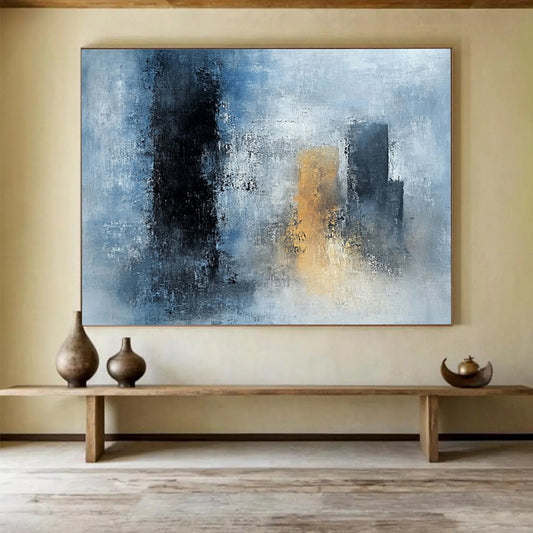 “Blue - Gray Abstract Urban Silhouettes” - Blue, Gray, Gold, City Shapes Painting On Canvas HB0840