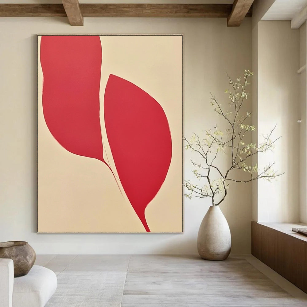 Contemporary abstract art featuring a symmetrical design with two petal-like shapes in red and pink against a white background, showcasing elegant curves and vibrant colors. DLZ1450
