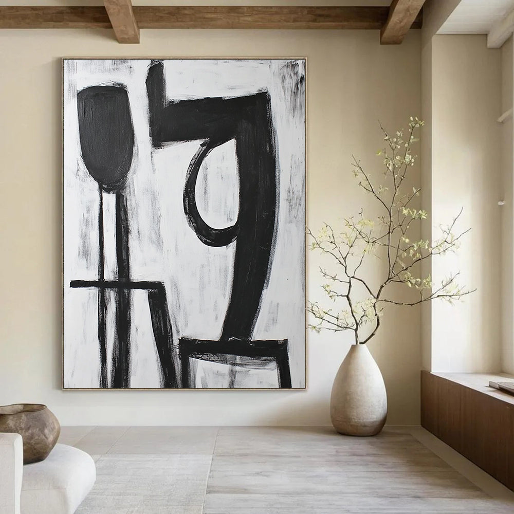 Contemporary hand-painted abstract artwork featuring bold black "9" strokes with a large 'A' shape in front on a pure white background. DLZ1540