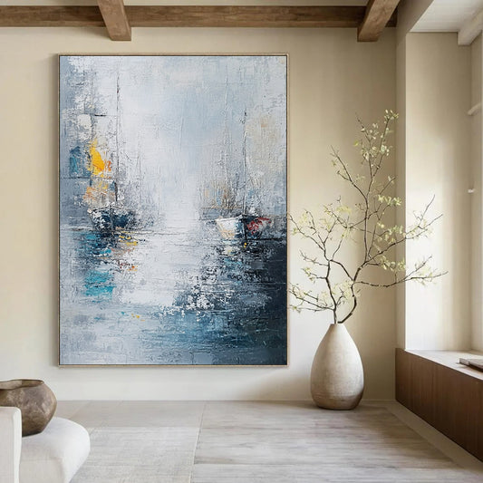 Contemporary abstract painting featuring sea and ships in a white gray blue palette with thick oil brush strokes. DLZ0636