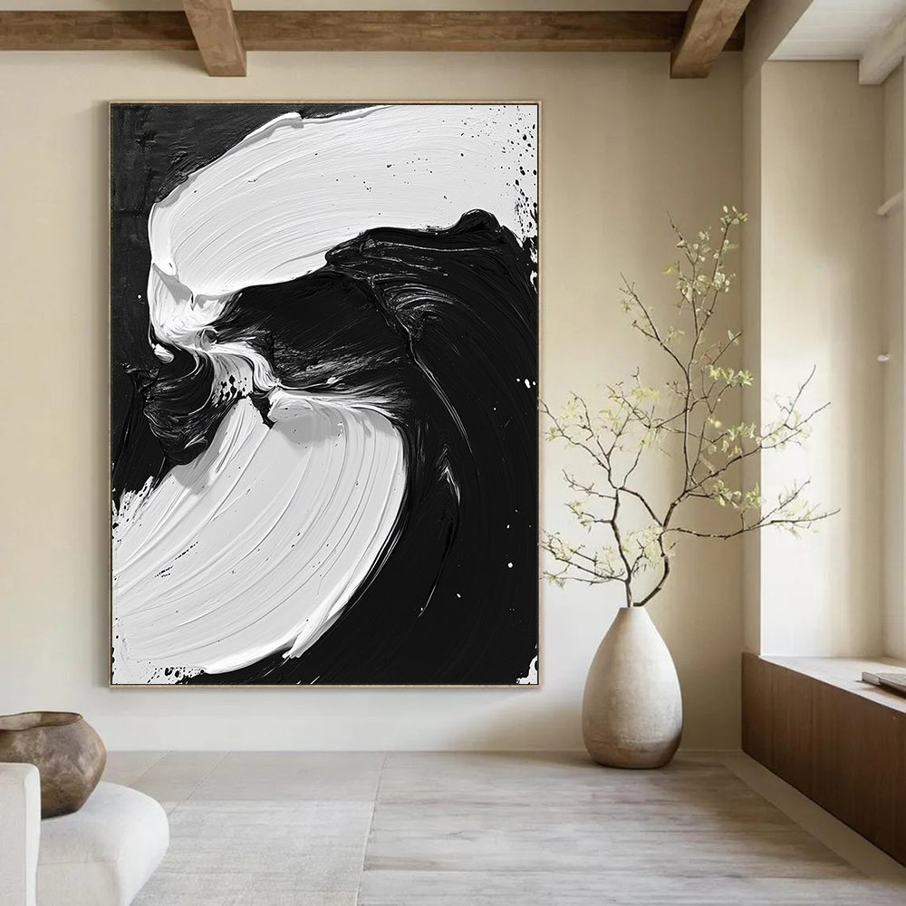 Contemporary hand-painted abstract artwork features flowing black and white oil paint, evoking powerful sea waves and mythical creatures. DLZ1549