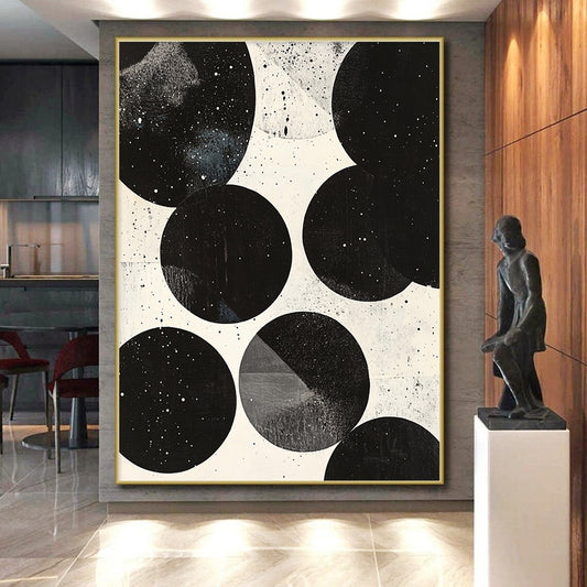 Black, White, Spotted Circles "Cosmic Sphere Dots" Abstract Minimalist Painting On Canvas HB179