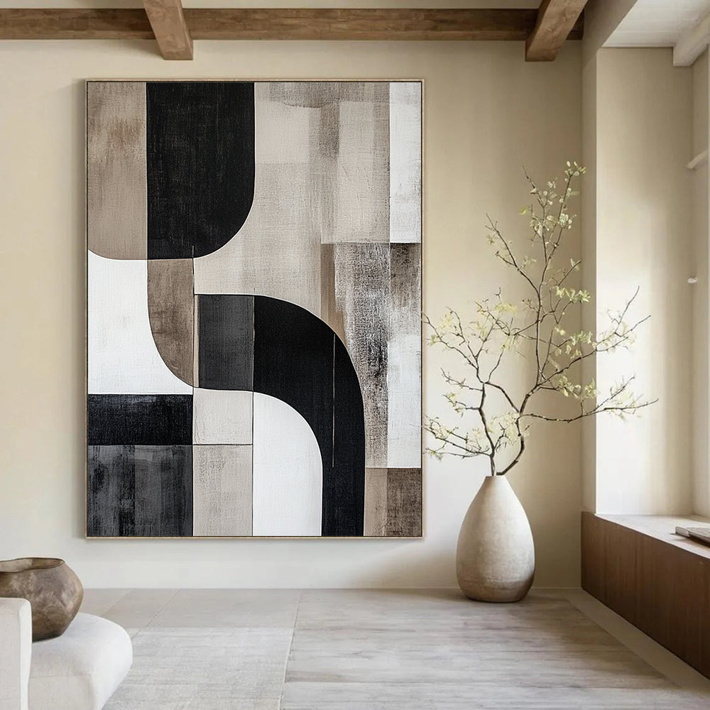 Contemporary abstract artwork features curved shapes and lines in cool grays with striking contrasts, creating a minimalist depth without any text. DLZ0856