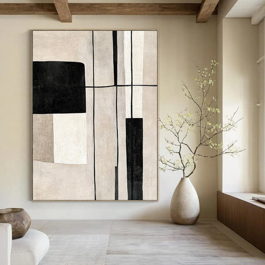 Contemporary hand-painted abstract art featuring geometric shapes in black and white on a soothing beige background with delicate lines. DLZ1322