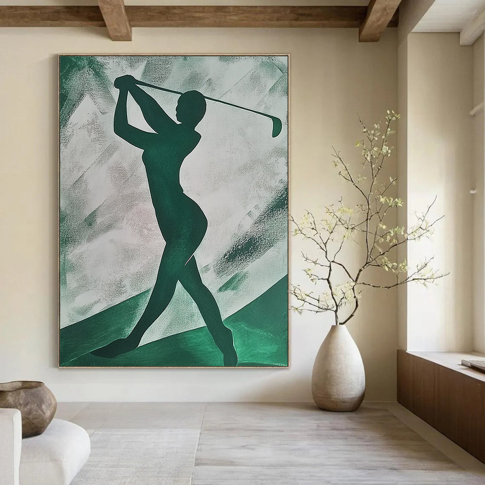 Contemporary abstract painting featuring an emerald green silhouette of a woman playing golf on textured paper with simple shapes. DLZ1406