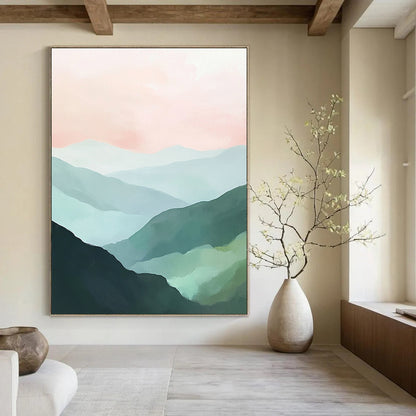 Contemporary abstract painting features green mountains and a soft pink sky creating a tranquil landscape with a harmonious color palette of mint green and pale blue. DLZ0394