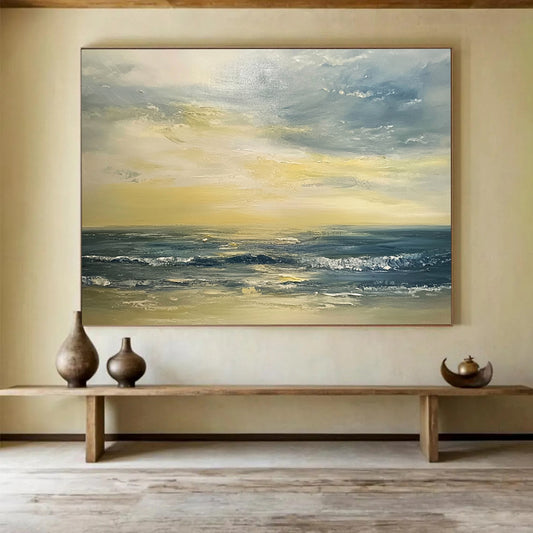 “Golden Ocean Sunset” - Yellows, Oranges, Blues, Ocean at Sunset - Palette Knife Oil Painting HB1598