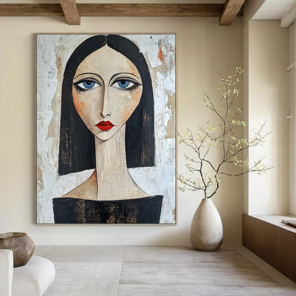 Contemporary hand-painted portrait showcasing confidence with blue eyes and red lips against a textured white backdrop featuring dark hair and a black top. DLZ1442