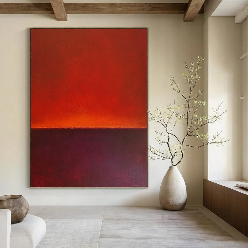 Contemporary hand-painted abstract art featuring a horizon line with rich red and purple hues against a solid background. DLZ1385