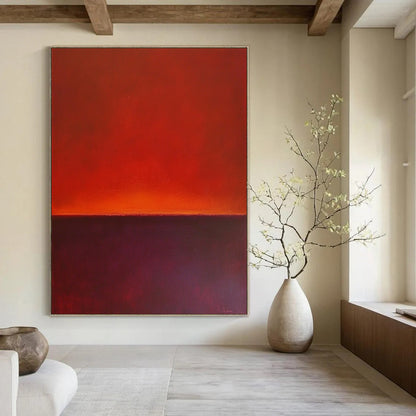 Contemporary hand-painted abstract art featuring a horizon line with rich red and purple hues against a solid background. DLZ1385