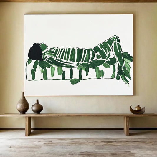 “Green - Leafed Figure” - Green leaves, black lines, Figurative Abstract Painting On Canvas HB0559