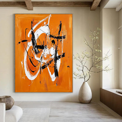 Contemporary hand-painted abstract artwork features vibrant orange and white shapes, dynamic lines, and energetic brushstrokes with striking black accents. DLZ0632