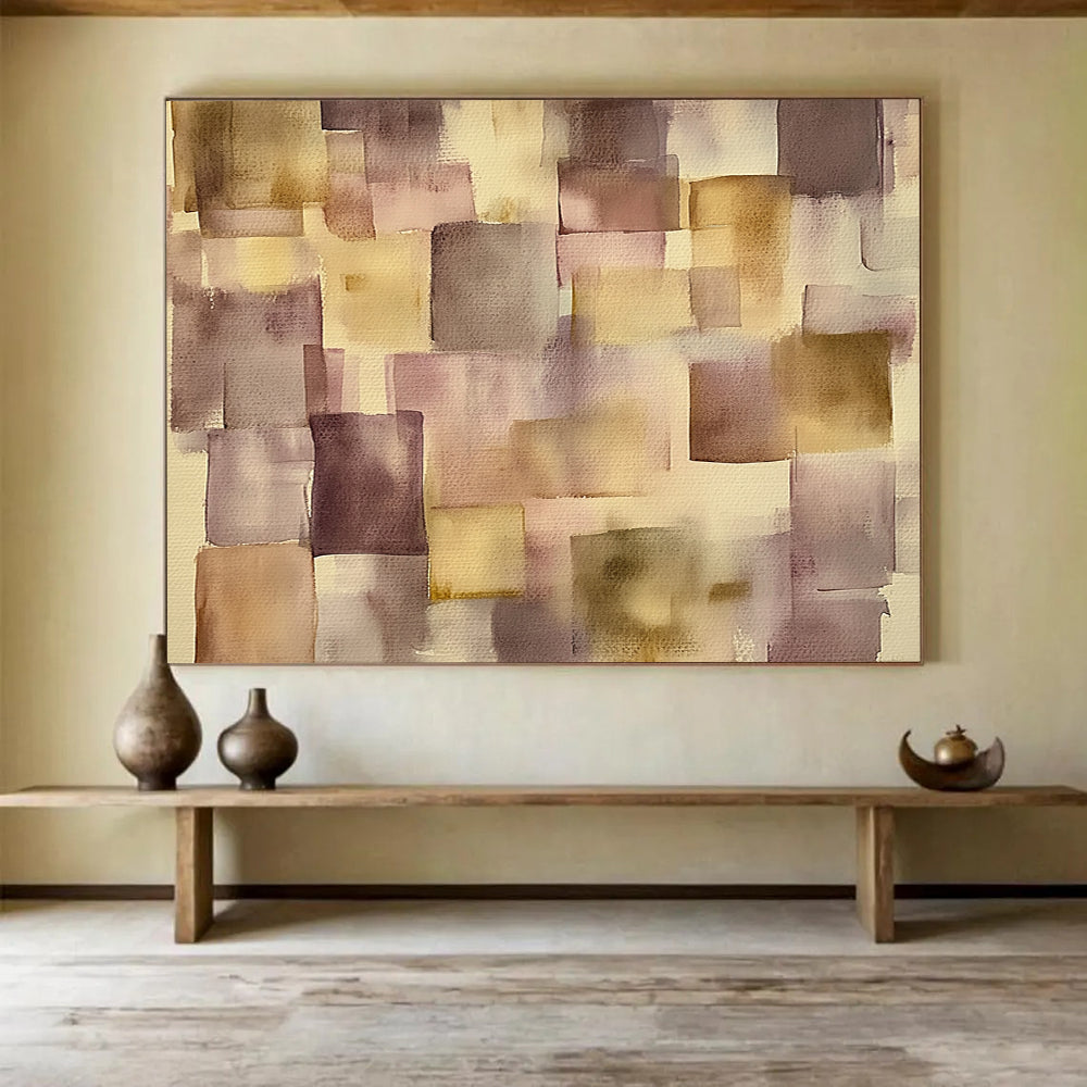 “Muted Geometric Squares” - Purple, Beige, Geometric, Abstract Painting On Canvas HB0764