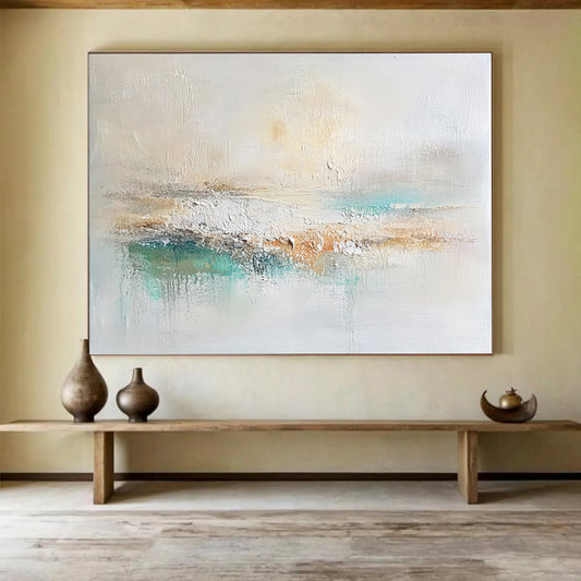 “Soft Neutral Abstract Landscape” - Beige, White, Teal, Gentle Textured Painting On Canvas HB1004