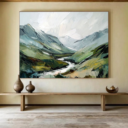 “Textured Mountain Valley” - Green, Blue, Gray, Layered Alpine Landscape Painting On Canvas HB1028