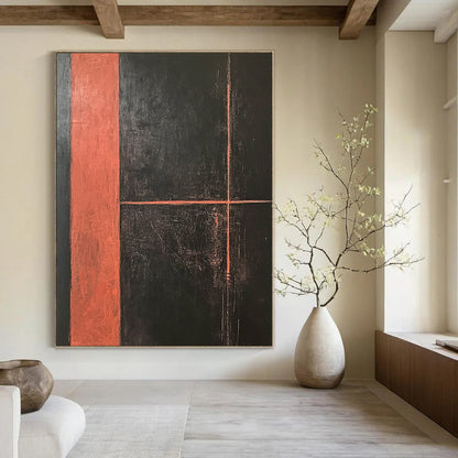 Large contemporary hand-painted abstract artwork featuring a dark orange rectangle with dynamic lines on a striking black background, showcasing bold textures and brush strokes. DLZ1282