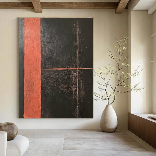 Large contemporary hand-painted abstract artwork featuring a dark orange rectangle with dynamic lines on a striking black background, showcasing bold textures and brush strokes. DLZ1282