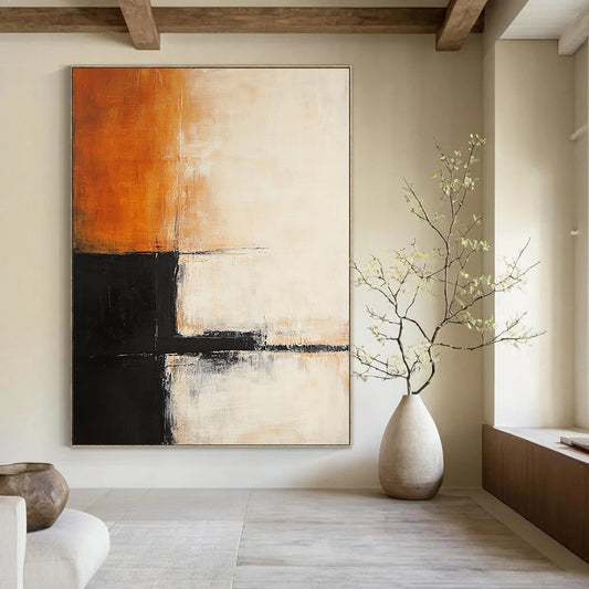 Contemporary abstract painting features soft orange, white, and black layers with architectural-like dark lines, creating depth in a minimalist style. DLZ1043