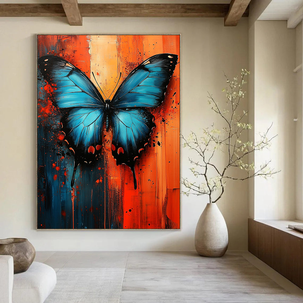Contemporary abstract art features a blue butterfly on a vibrant red and orange textured background, capturing urban energy through dynamic oil paint strokes. DLZ1155